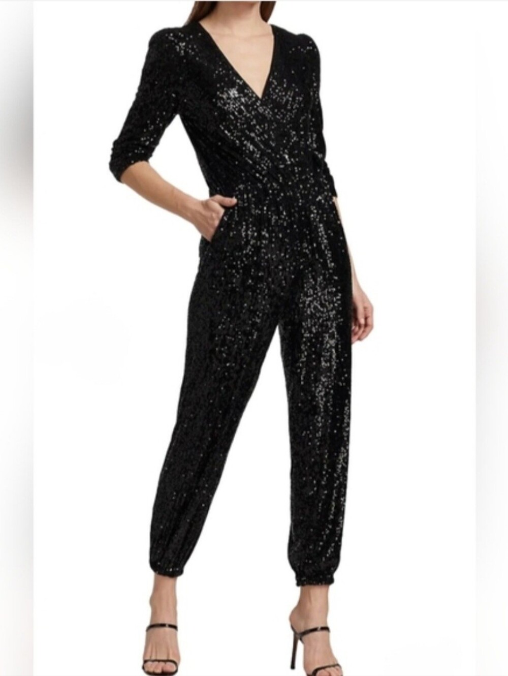 Generation Love Sequin Jumpsuit Black XS Faux Wrap V-Neck Holiday Party NYE Glam - Picture 2 of 16